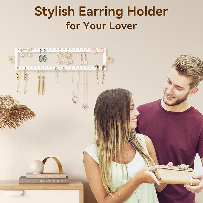 2 Tier Earring Holder Organizer Wall Mounted,2PCS Metal Earring Display Storage with 96 Holes and 92 Grooves Hanging Jewelry Organizer Tree for Stud/Hoop/Dangle Earrings Necklace(White)