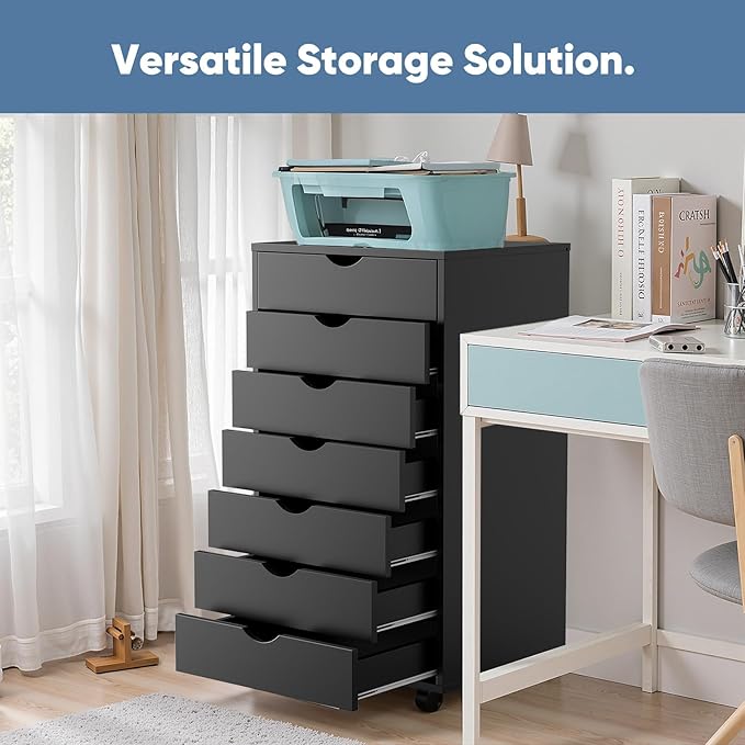 OLIXIS 7 Drawer Mobile File Cabinet Under Desk Storage Organization with Wheels Vertical Filing Chest Rolling Wood Small Desk Printer Stand for Home Office, 15.75"D x 18.74"W x 34.25"H, Black