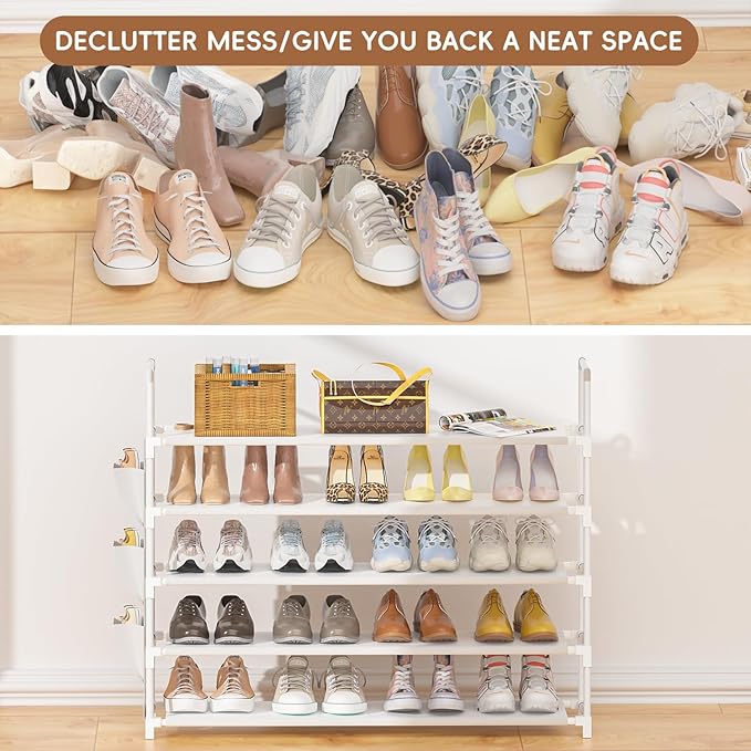 OYREL 5 Tier Shoe Organizer, 33.3in Wide x 11.2in Deep x 35.6in Tall, Black Metal and Plastic Shoe Rack with Side Bag, Holds 20-25 Pairs of Shoes
