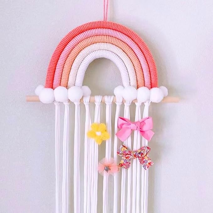 Rainbow Macrame Bow Holder Hanging Hair Bow Organizer for Girls, Hair Clip Holder Hair Clips Headband Storage Hanger Boho Wall Decor