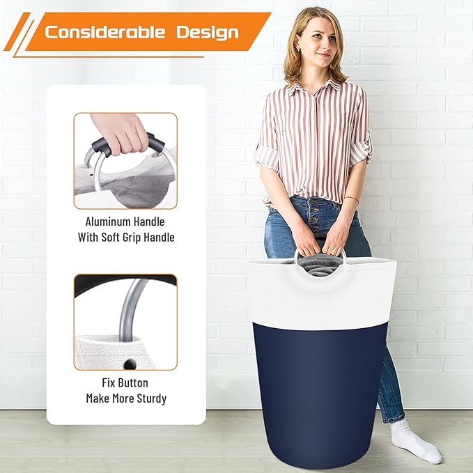 BlissTotes 90L Laundry Basket, Freestanding Laundry Hamper, Collapsible Dirty Clothes Hamper, Waterproof Fabric with Foam Protected Aluminum Handles for College, Dorm, Family (Blue)