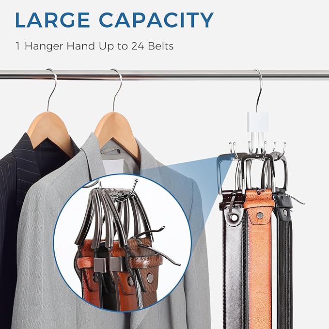 Tie Rack Hanger, Belt Hanger Organizer for Closet 360° Rotatable Max 24 Ties/24 Belts Storage Space Saving Closet Organizers and Storage for Belt, Bra, Tank Top, Tie, Scarf, Purse 2Pcs White