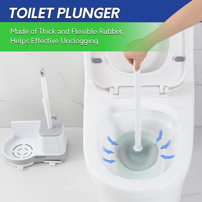 BOOMJOY Toilet Brush and Plunger Set with Crevice Cleaning Brush, White Plunger and Brush Combo with Hidden Holder, Bathroom Plunger and Toilet Bowl Brush Set Heavy Duty
