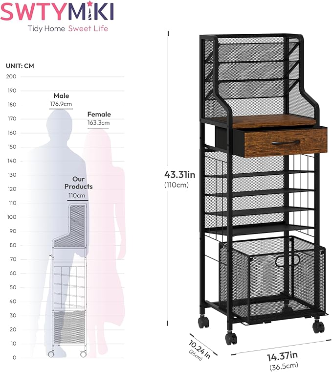 SWTYMIKI 10-Tier Rolling File Cart - Mesh Paper Organizer with Drawer & Hanging File Folders on Lockable Wheels, Rolling File Cabinet for Office Organization, Storage in Home, Studio, School, Espresso
