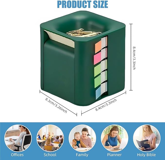5 in 1 Sticky Note Dispenser for Desk with Pop Up Sticky Note, Sticky Rolls, Sticky Tabs, Magnetic Paper Clip Holder, Multifunctional Cube Sticky Note Holder Desk Organizer(Green)
