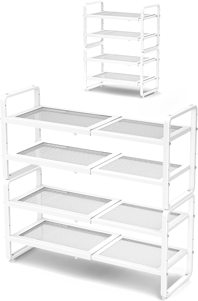 Shoe Rack - Expandable Shoe Organizer for Closet, Adjustable Metal Shoe Shelf Storage, Stackable Long Shoe Stand Holder for Garage, Entryway, Door Entrance (White, 4-Tier)