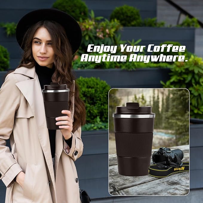 Vacuum-Insulated Stainless Steel Travel Coffee Mug, Leak-Proof Reusable Coffee Cup with Lid - Keep Hot & Cold Drinks for Hours, Durable Insulated Tumbler for Men & Women(3rd-Dark Coffee, 17OZ)