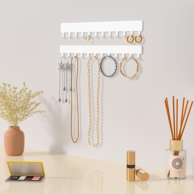 Necklace Holder Hanging Jewelry Organizer - Self-Adhesive Wall Mounted for Necklaces, Bracelets, 2 PCS, White