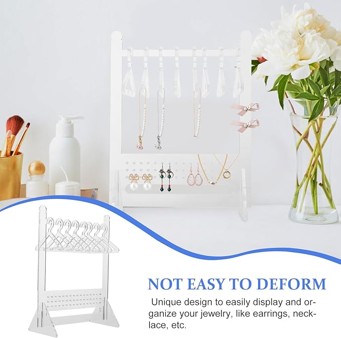 Acrylic Jewelry Organizer Stand 8 Clothes Hangers, Earring and Necklace Holder Rack for Jewelry Storage and Display, Tabletop Accessory Organizer for Women