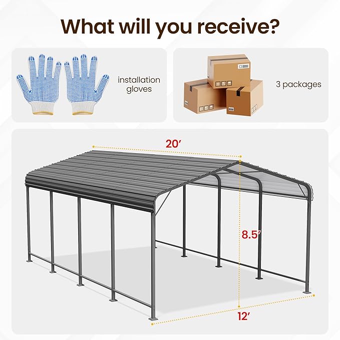 Metal Carport 12x20FT, Heavy Duty Carport Canopy with Galvanized Steel Roof, 40% Thicker Frame Metal Garage with Reinforced Base, All-Weather Outdoor Storage Car Port for Car, Camping