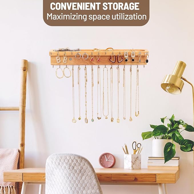 Necklace Holder Organizer Wall Mount,Jewelry Holder Organizer with 30 Hooks,Oak Jewelry Organizer and Storage for Necklaces,Bracelets and Rings (Wood Color)