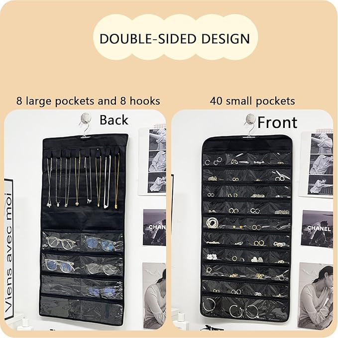 ZMD Hanging Jewelry Organizer Storage, 48 Pockets 8 Hooks Necklace Earring Necklace Bracelet Ring Organizer for Closet, Wall, Door, Christmas Gifts for Women，Black