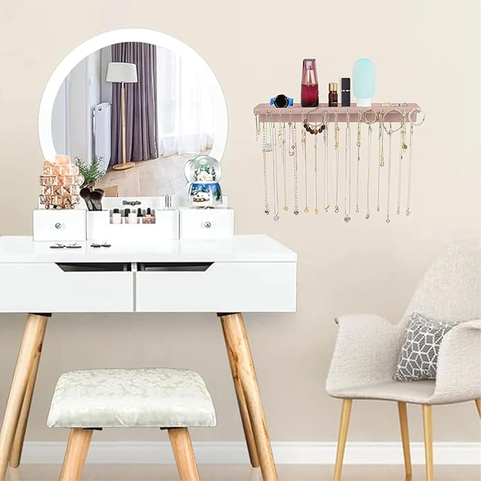 Necklace Holder, Upgraded Extra Large Wall Necklace Organizer with 30 Hooks Wall Mounted Necklace Hanger with Jewelry Tray/Cosmetics Shelf Rustic Pine Wood Holder (Pink)