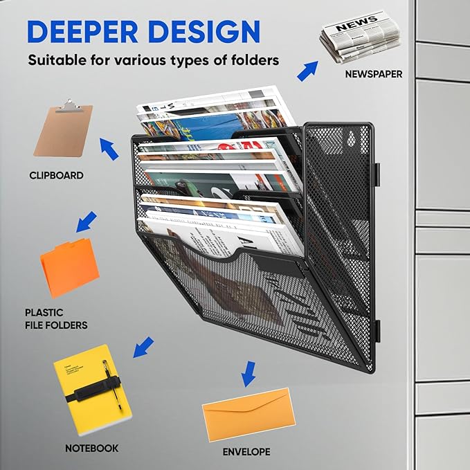 3 Tier Magnetic File Holder for File Cabinets, Refrigerator, Whiteboard, Office, No Drilling Installation Large Capacity Black Magnetic File Holder