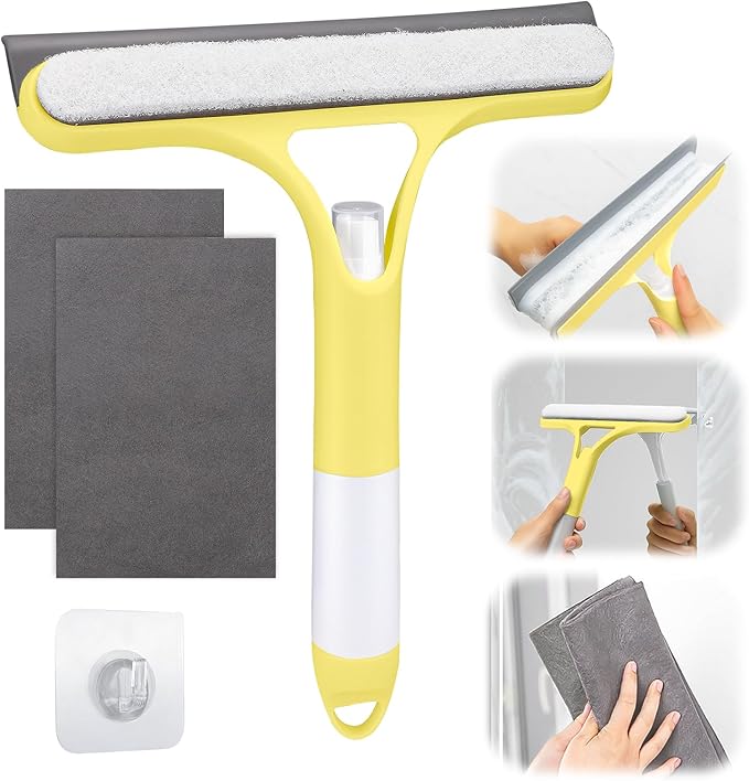 XANGNIER Window Cleaner Tool Kit,2025 3 in 1 Window Cleaning Scraper with Spray,Thickened Magic Cleaning Cloth,Window Scrubber Cleaning Squeegee for Glass,Mirror,Shower Doors,Car Windshields(Yellow)