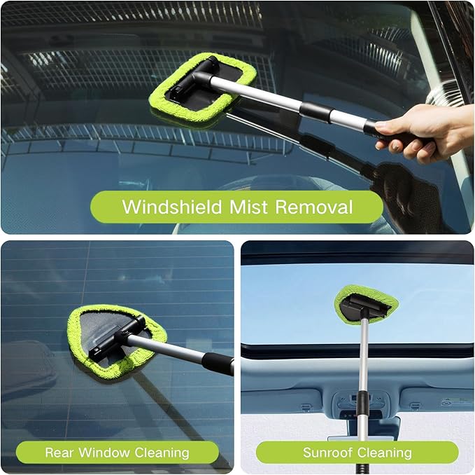 10pcs Windshield Cleaner Tool, Car Window Cleaning Wash Kit with 4 Reusable Microfiber Pads 1 Spray Bottle and Extendable Handle Auto Glass Wiper Kit, Blue&Green