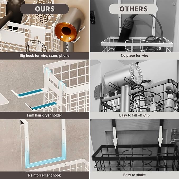 Hair Dryer Holder Cabinet Door 3-in-1 Adhesive Hair Tool Organizer Wall Mounted Adjustable Height Blow Dryer Holder Under Sink Bathroom Hair Appliance Organizer and Storage Countertop(White)