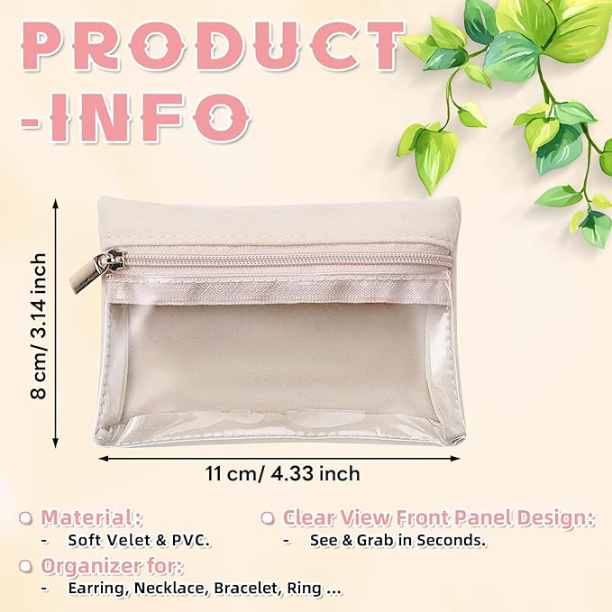 Jewelry Organizer Storage Pouches, Travel Jewelry Organizer Velvet Jewelry Pouch with Zipper Clear Travel Jewelry Bag for Travel Business Trip Mother‘s Day Gift for Mom Wife Women (Beige-6Pcs)