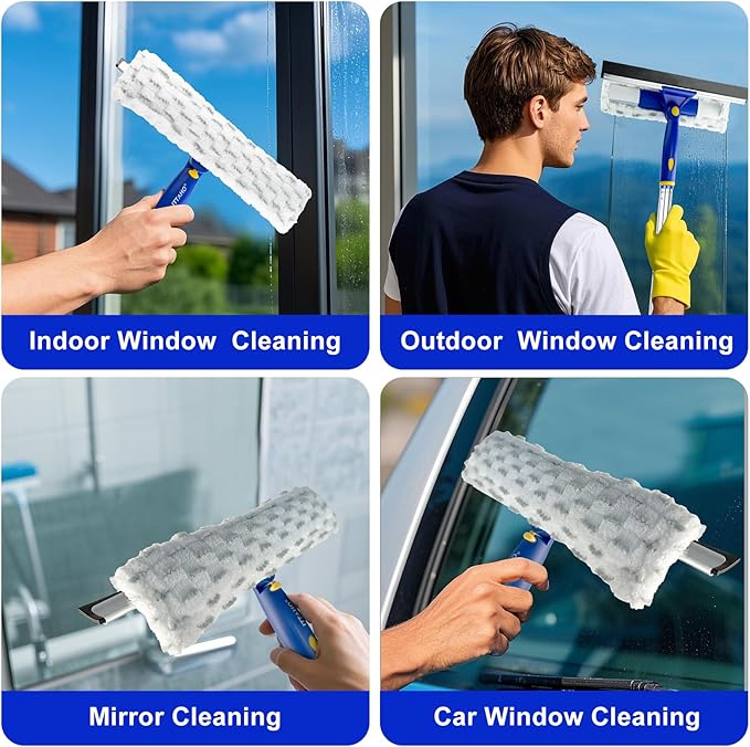 ITTAHO 53" Window Squeegee Cleaner 2 in 1 Window Cleaning Tool Kit Window Washing Kit with Extension Pole for Shower Glass, Indoor/Outdoor High Window Cleaning-Two Pads