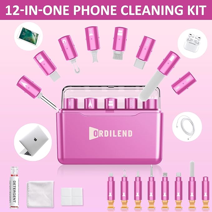 Ordilend for iPhone Cleaning Kit for Charging Port Cleaner, Multi-Tool iPhone Cleaner Repair Lightning Cable, Cell Phone Cleaning Kit for iPad, Connector, Speaker, Airpod with Storage Case, Pink