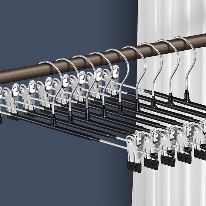 Pants Hangers with Clips 10 Pack 16Inch Adjustable Skirt Hanger for Women Non-Slip Trousers Hanger for Jeans Clothes Hangers for Pants Heavy Duty Space Saving Shorts Hangers,Black