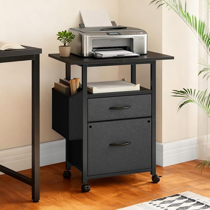 GYIIYUO 2 Drawer File Cabinet with 24'' Extended Desktop, Mobile Filing Cabinet, Rolling File Cabinet with Side Bag, Fabric Drawer, Fits A4/Letter Size, Printer Stand Home Office, Black