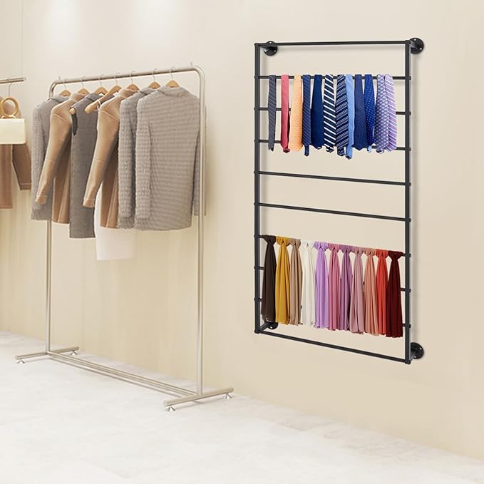 10 Tiers Tie & Scarf Rack, Wall Mounted Scarf Rack, Wall Display Rack, Multifunctional Metal Rack, Towels Storage Rack, Ribbon Holder Wall Display Rack for Accessory Stores Flower Shops (Black)