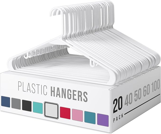 Plastic Hangers 20 Pack White - Clothes Hangers - Makes The Perfect Coat Hanger and General Space Saving Clothes Hangers for Closet - Percheros Ganchos para Colgar Ropa Hangars