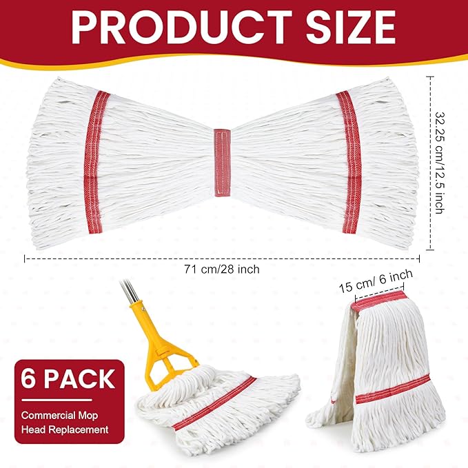 Eccliy 6 Pack Heavy Loop End Cotton String Mop Head Heavy Duty Mop Head Commercial Refills Replacement Bulk for Home Industrial Commercial Floor Cleaning (White,Red)