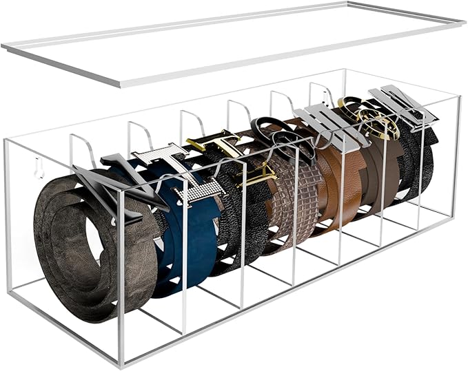 Acrylic Belt Organizer with Separated Cover, 7 Compartment Clear Storage Case for Belts, Ties & Bow Ties | Closet & Drawer Display Holder for Men & Women Dust-proof Rack