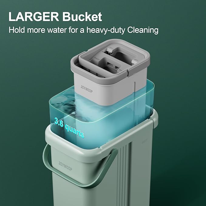 JOYMOOP Mop and Bucket with Wringer Set, Flat Squeeze Mop with Bucket (X-Large), Dust Mop for Wall Cleaner with Long Handle, Microfiber Mop - Green Bucket with 3 Reusable 15" Pads