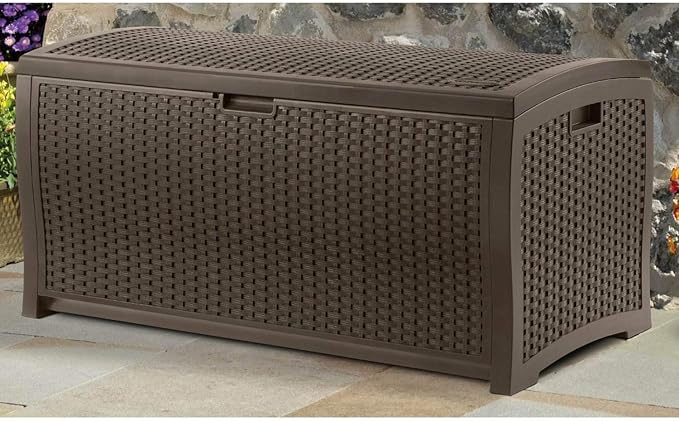 Suncast 99 Gallon Plastic Wicker Deck Box Container Storage for Garden, Garage, Home, Pool, Indoor and Outdoor Use, Mocha (2 Pack)