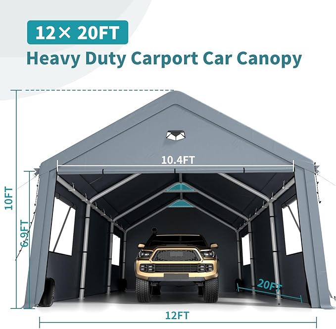 Heavy Duty Carport Canopy 12x20FT,Extra Large Portable Car Tent Garage with Roll-up Windows and All-Season Tarp Cover,Removable Roof&Side Wall for Car,SUV,Boats&Truck Shelter Logic Storage