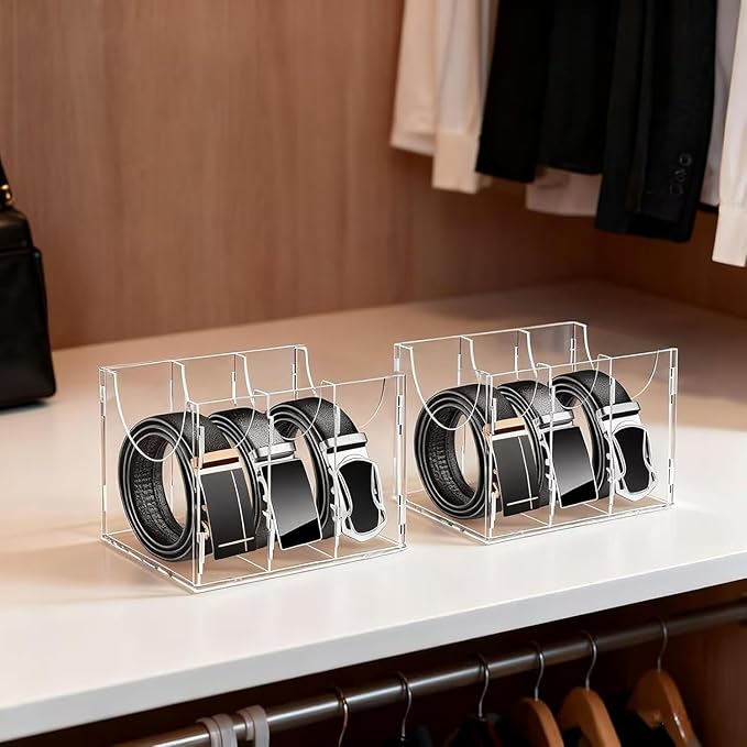 Dezzer Belt Organizer, Acrylic Belt Storage Organizer for Closet and Drawer, Clear Belt Holder Display Case with 3 Compartments for Tie and Bow Tie