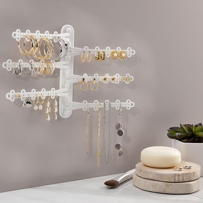 6-Tier 6" Wall Jewelry Organizer, Command Strips included for Easy Hanging, 120 Hole Earring Organizer, Necklace Organizer, Bracelet Holder, Ring Holder, Rotating Branches (White Small)