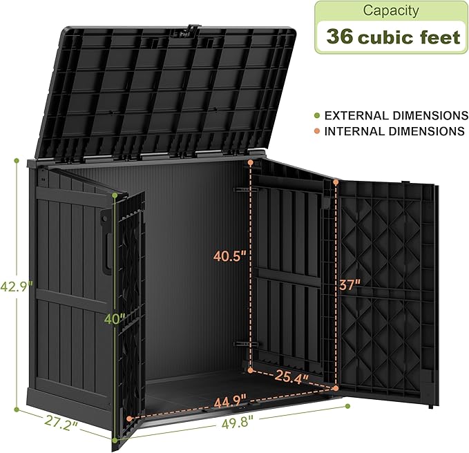 Plastic Outdoor Storage Shed, 36 Cu Ft Waterproof Outdoor Storage Cabinet with Dual Lock Door for Backyard, Patio, Garage, Garden to Store Tools & Accessories, Wood-Grain（Dark Black