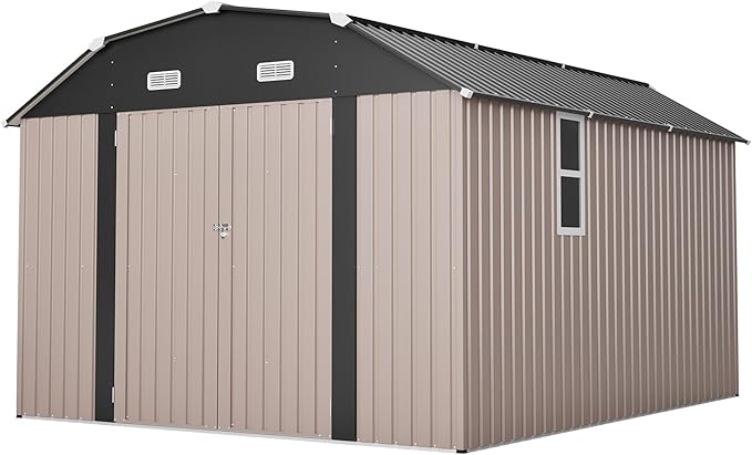 10×12 FT Outdoor Storage Shed,Heavy-Duty Metal Shed with Floor Base,All Weather Waterproof Tool Shed W/Diamond Roof & Windows,Lockable Double Door & 4 Air Vents,for Backyard,Patio,Lawn,Brown