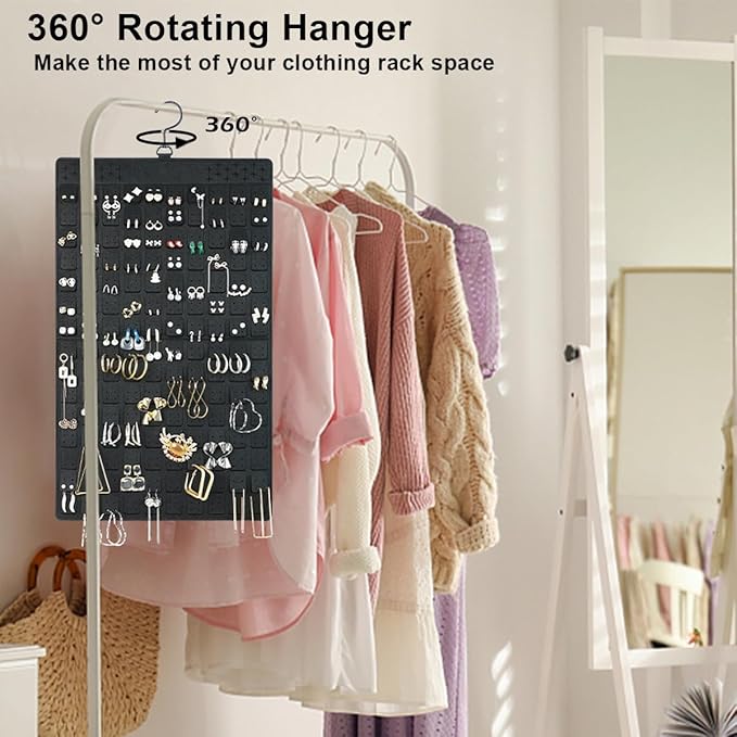 Dual Sided Hanging Jewelry Organizer with Hanger for Closet,Tangle Free Felt Necklace Earring Holder for 300 Earrings & 30 Necklaces Over Door University Dorm, Gift Ready Black (1 Pack)