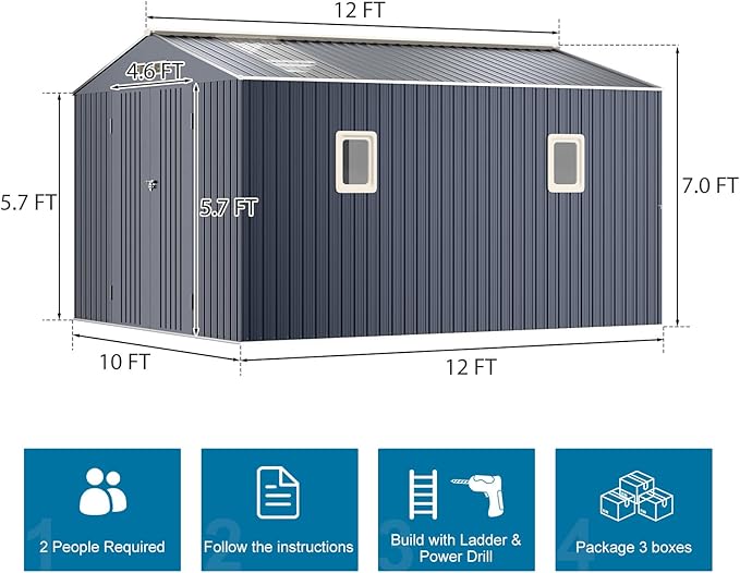 10x12 FT Outdoor Metal Shed,Unique Clear Roof Window Lockable Double Door Air Vent,Waterproof Heavy Duty Reinforced Frame Sheds for Garden Yard Storage Large Lawnmower Tool,Dark Grey