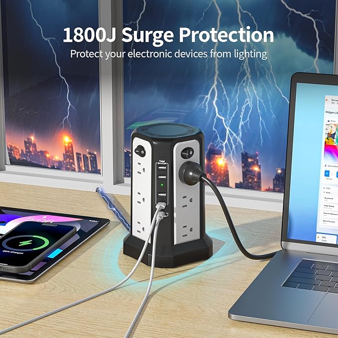Surge Protector Power Strip Tower with PD18W USB C Port, PASSUS Charging Tower with 5 USB, 10FT Extension Cord with 12 AC Multiple Outlets, Overload Protection for Home Office Dorm Room