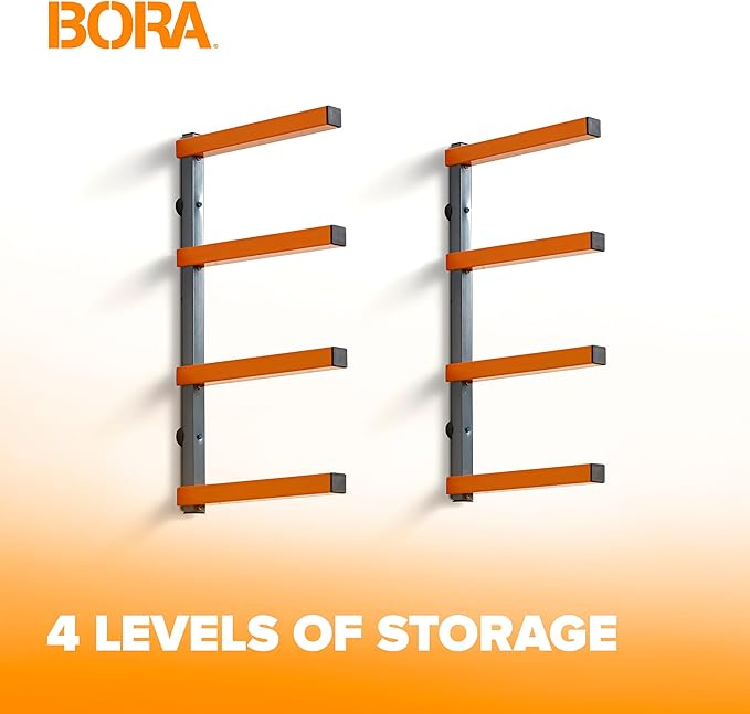 BORA Wood Storage Rack Wall Mount - Heavy Duty Lumber Storage Rack System for Garage Organization - 4-Level Workshop Organizer for Lumber, Pipes & Tools - 440lb Capacity Orange & Grey PBR-0410