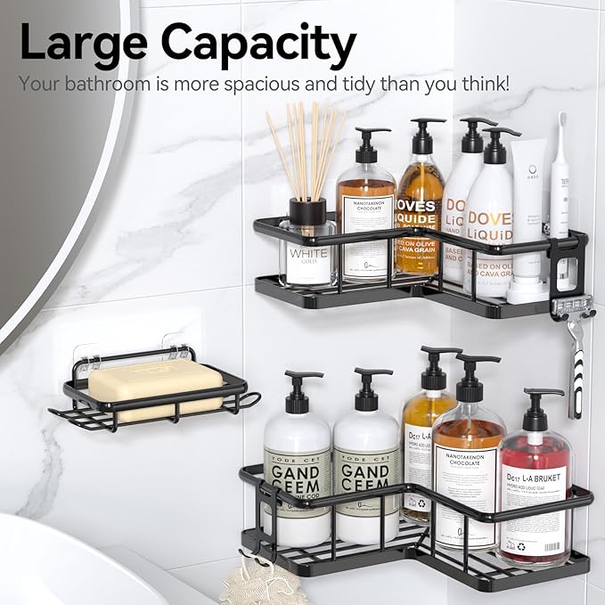 YASONIC Shower Caddy Corner, 3-Pack Adhesive Rustproof Stainless Steel Shower Shelves with Soap Holder, No Drilling Shower Organizer Corner for Dorm, Renters Bathroom, Black