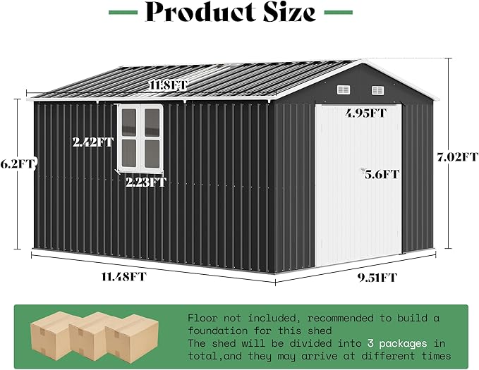 AMERLIFE 10x12x7 FT Outdoor Storage Shed with 2 Transparent Panels, Metal Garden Shed with Hinged Double Doors, 2 Windows & 4 Vents, Reinforced Steel Frame for Backyard, Garden, Dark Gray