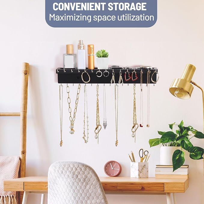 Necklace Holder Organizer Wall Mount,Jewelry Holder Organizer with 30 Hooks,Oak Jewelry Organizer and Storage for Necklaces,Bracelets and Rings (Black)