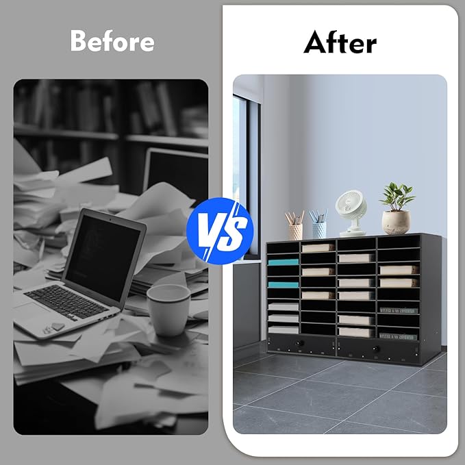 LOYALHEARTDY Literature Organizer,32 Compartment Office Mailbox with 2 Drawers,Paper and Mail Organizer,Paper Storage Cabinet Mail Organizer,39.4 X 12 X 25.2''Desktop File Sorter for Home&Office,Black