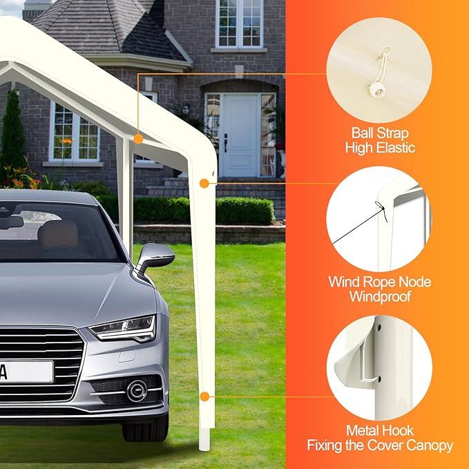 Carport Canopy 10'x20' Heavy Duty Replacement Cover, Garage Shelter Cover 800D Oxford Waterproof & UV Protected Tarp with Ball Bungees, Not Include Frame, White