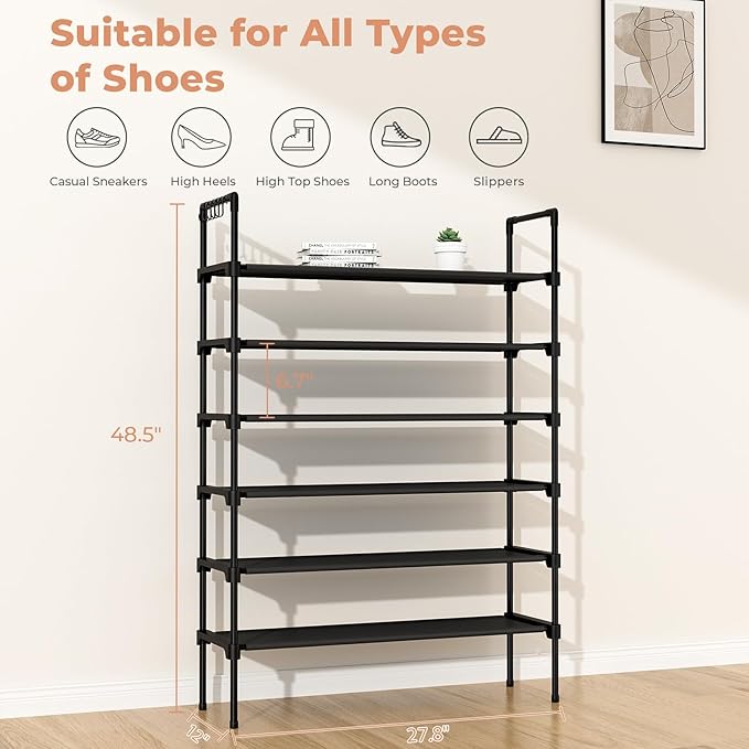 6 Tier Shoe Rack for Closet Shoe Organizer with 5 Hooks, Long Shoe Shelf Storage for Shoe and Boot Stackable Free Standing Shoe Rack for Entryway, Garage, Small Spaces, Dorm, Black