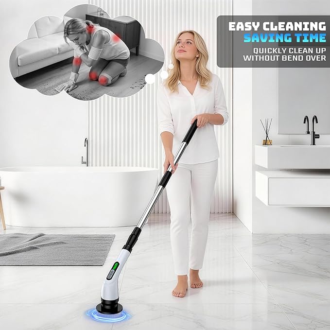Electric Spin Scrubber, Powerful 2-Speed Cleaning Brush, IPX7 Waterproof with 7 Reusable Brush Heads & Extendable Handle, for Bathroom Toilet Shower Kitchen Wall Tile Floor Grout (White)