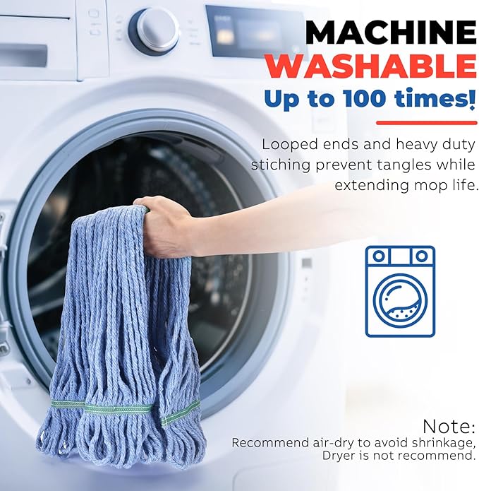 Onesimus 16 oz Mop Head Replacement, Industrial Mops for Floor Cleaning Heavy Duty 4-Ply Cotton Blend Looped End Wet Mop Refills 1.25 in Universal Headband, Medium Blue, Case Pack 12 Pcs