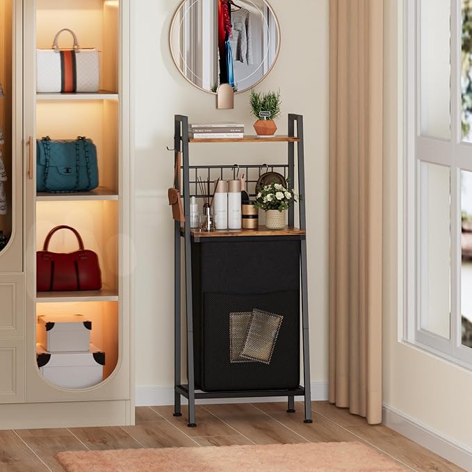 Furnulem Laundry Hamper, Vertical Laundry Basket with 2 Tiers Wooden Shelf and Hooks, Clothes Hamper with Pull-Out and Removable Bag for Bathroom, Bedroom, Dorm, 13.21 Gallons (50L)